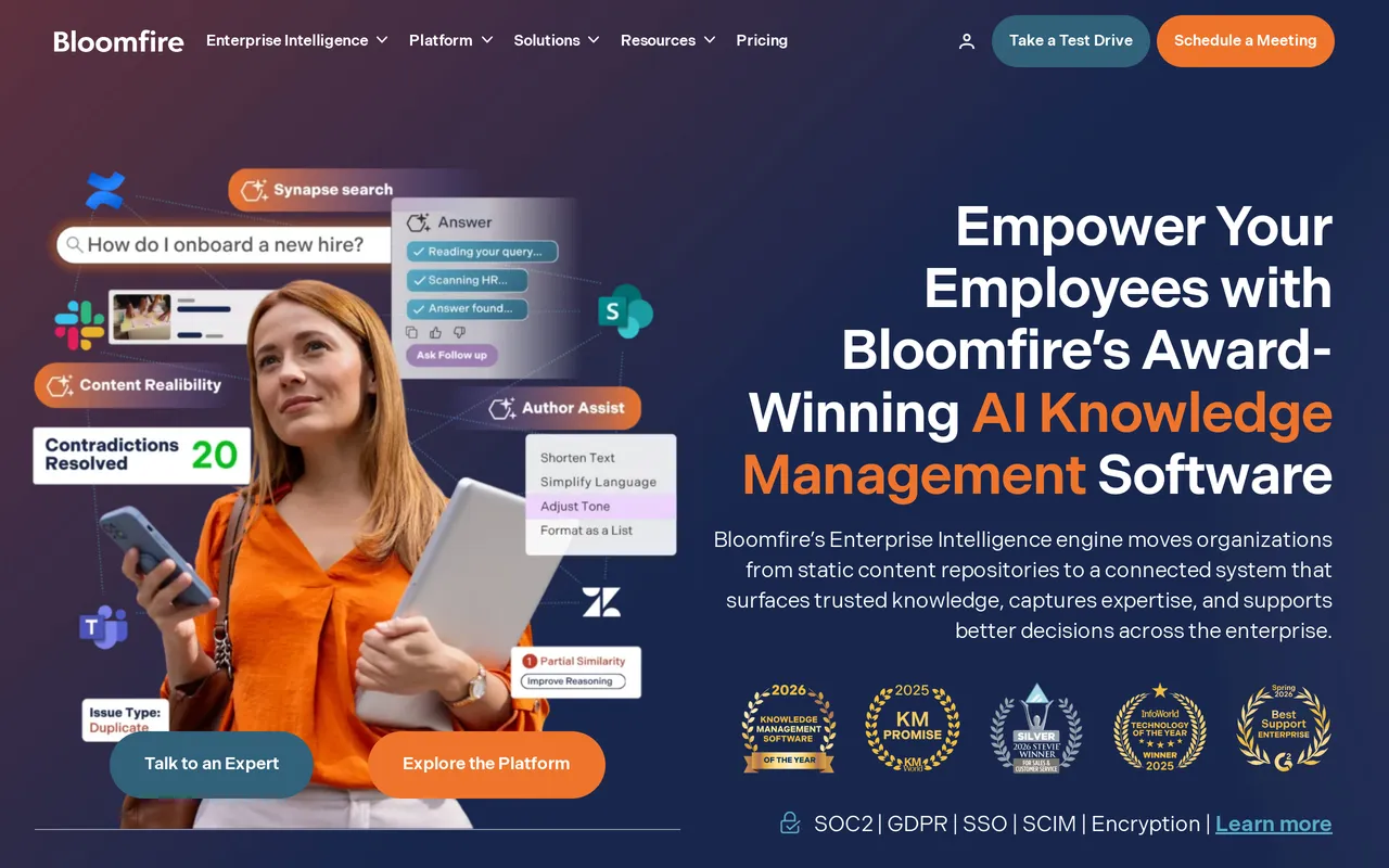 The Bloomfire homepage, showing its enterprise knowledge management positioning