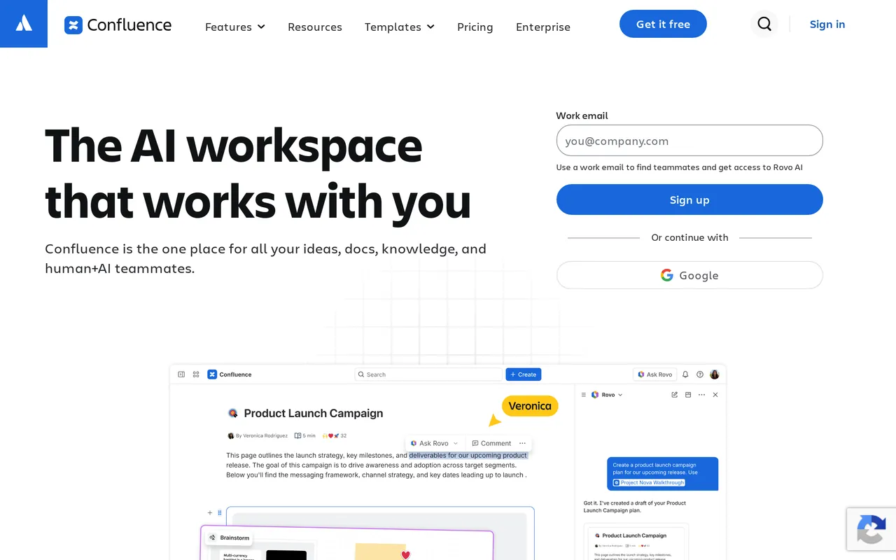 Confluence homepage showing its team wiki and Atlassian ecosystem positioning