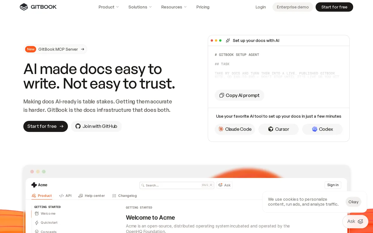GitBook homepage showing its Git-based documentation platform positioning