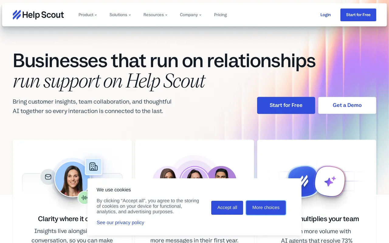 Help Scout homepage showing its shared inbox, Docs, and AI Answers positioning