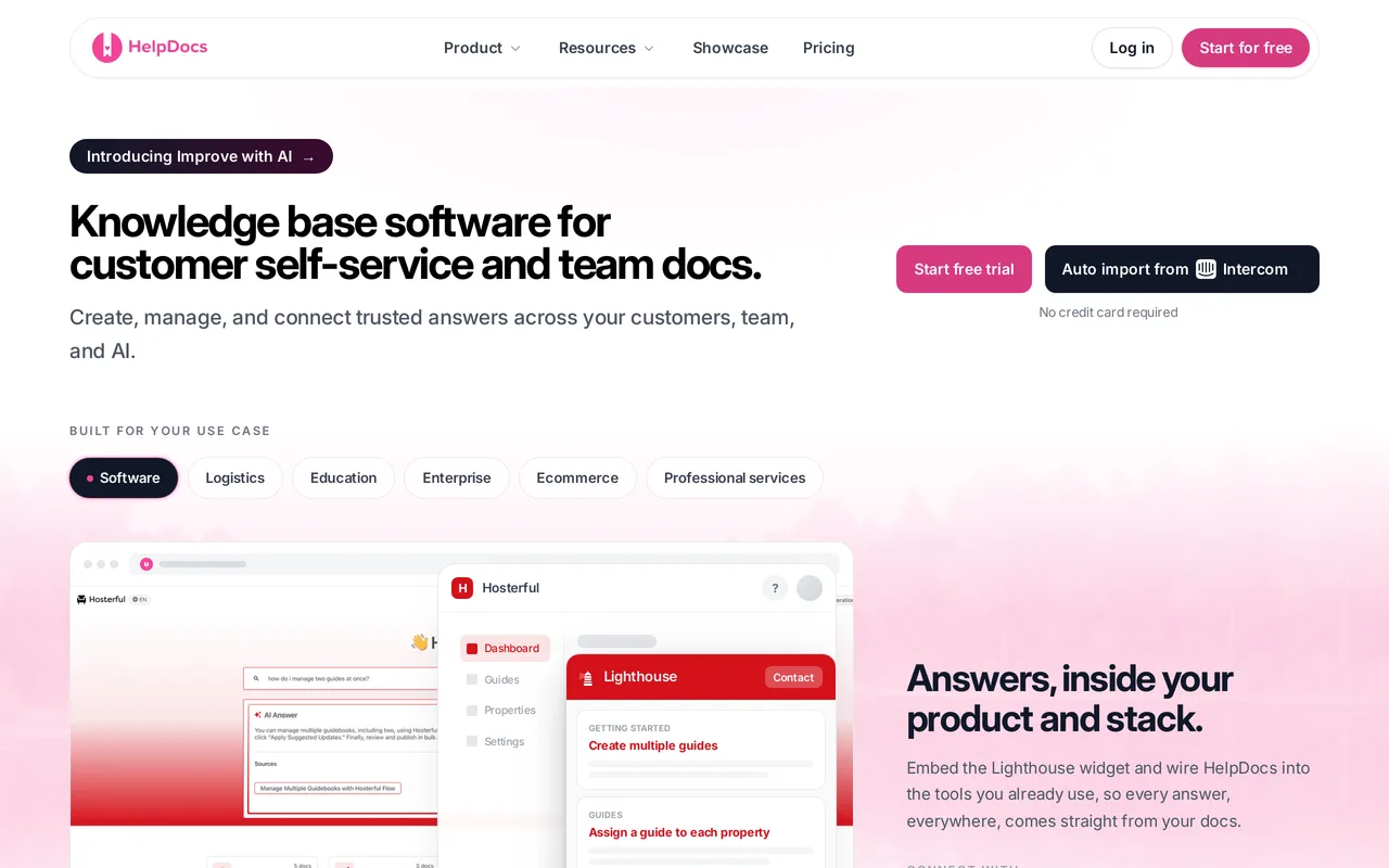 The HelpDocs homepage, showing knowledge base software for customer self-service and team docs