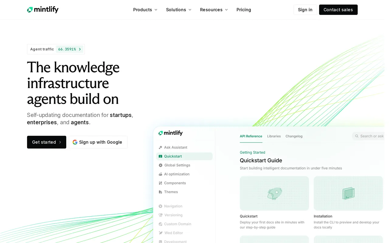 Mintlify homepage showing its AI-native developer documentation positioning
