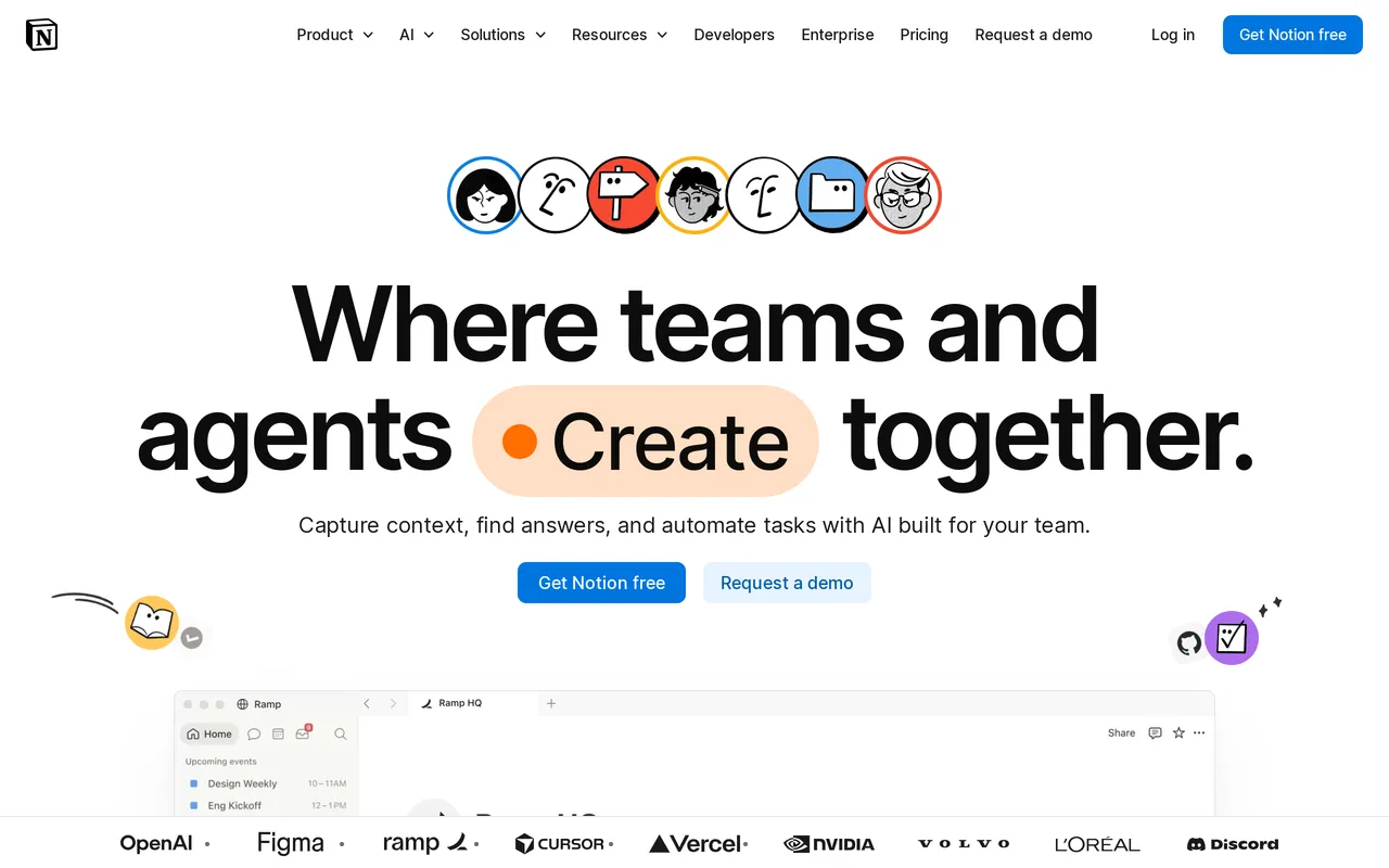 Notion homepage showing its connected workspace and Notion AI positioning