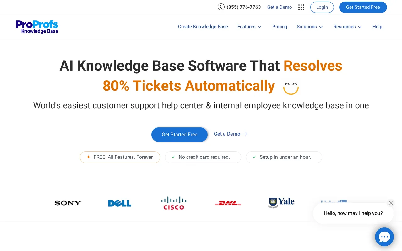 ProProfs Knowledge Base homepage showing its AI Writer and AI Search positioning