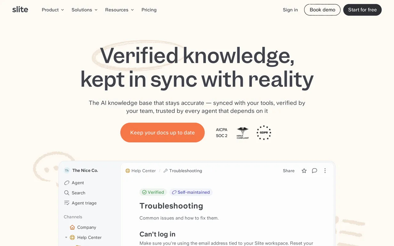 Slite homepage showing its team wiki and internal knowledge base positioning