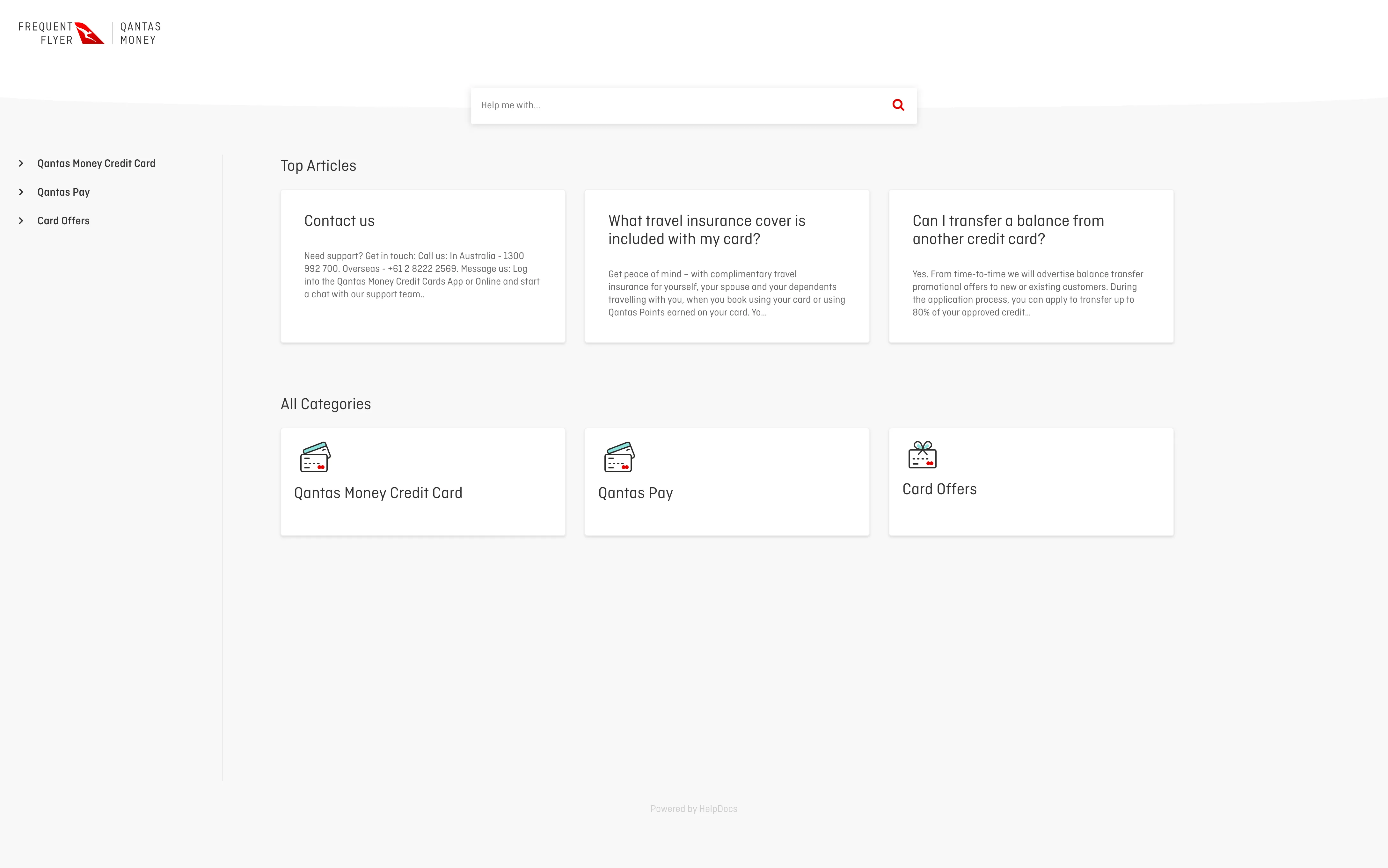 Qantas Money help and support knowledge base interface
